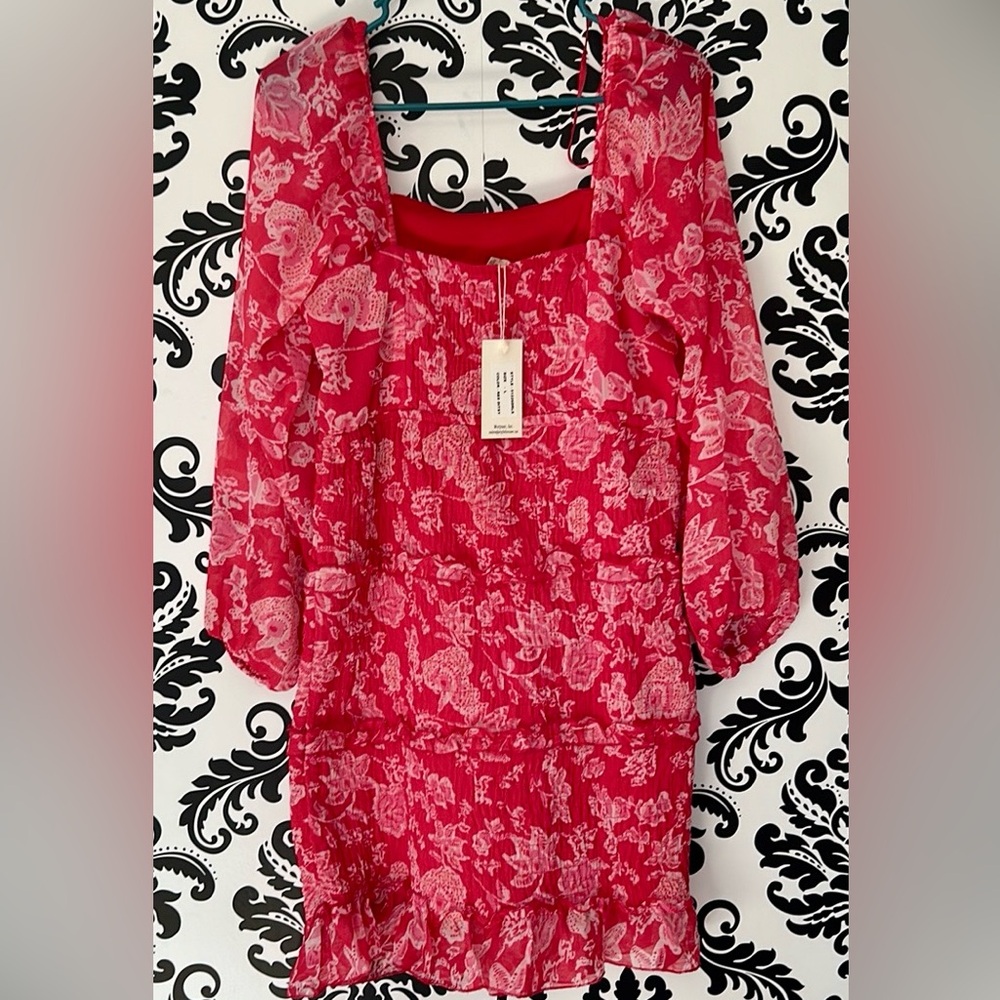 Sim & Sam Pink Floral Lightweight Tiered Dress Size Large NWT